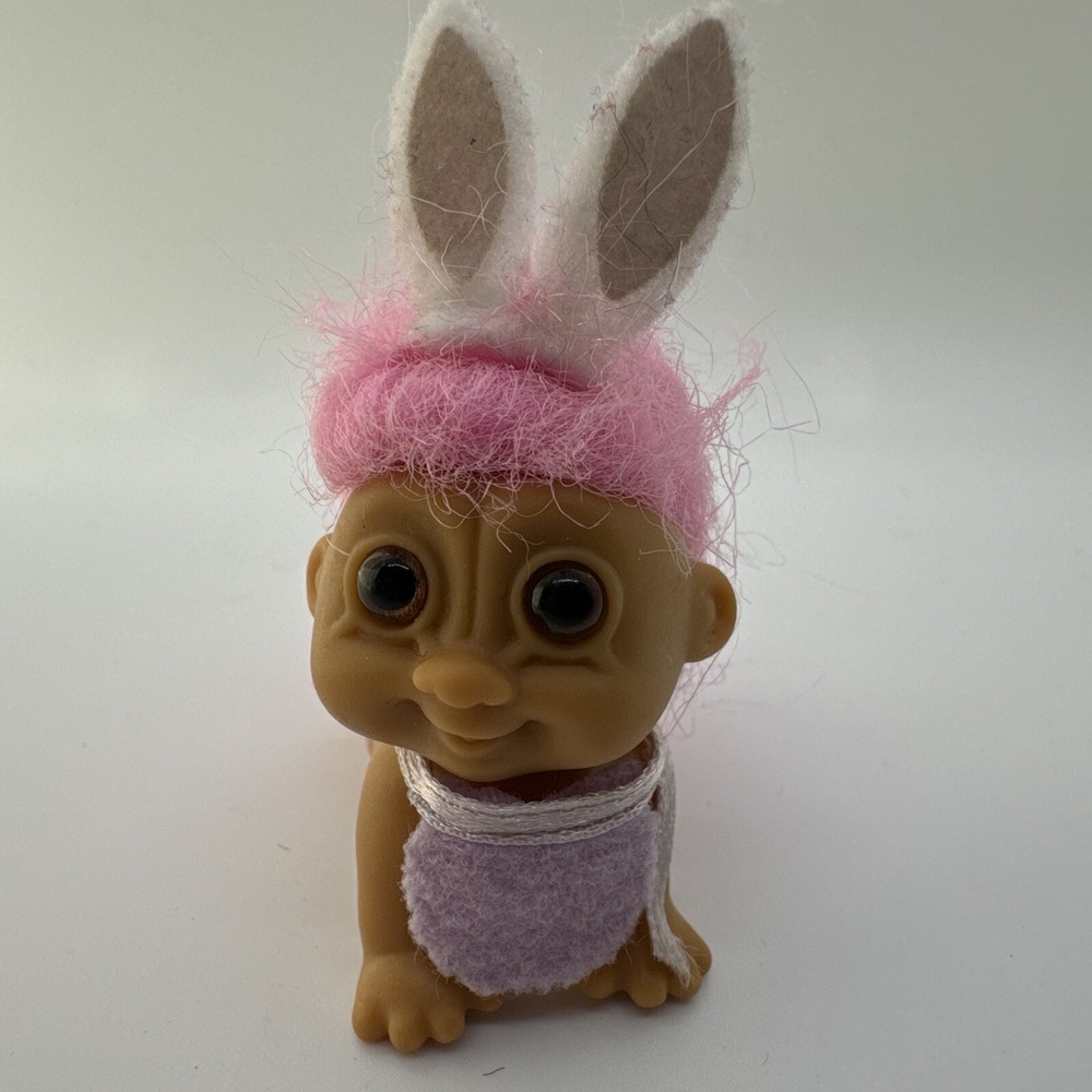 Vintage Easter Troll Doll Crawling Baby, Pink Hair, Purple Bib Bunny Ears - Picture 3 of 6